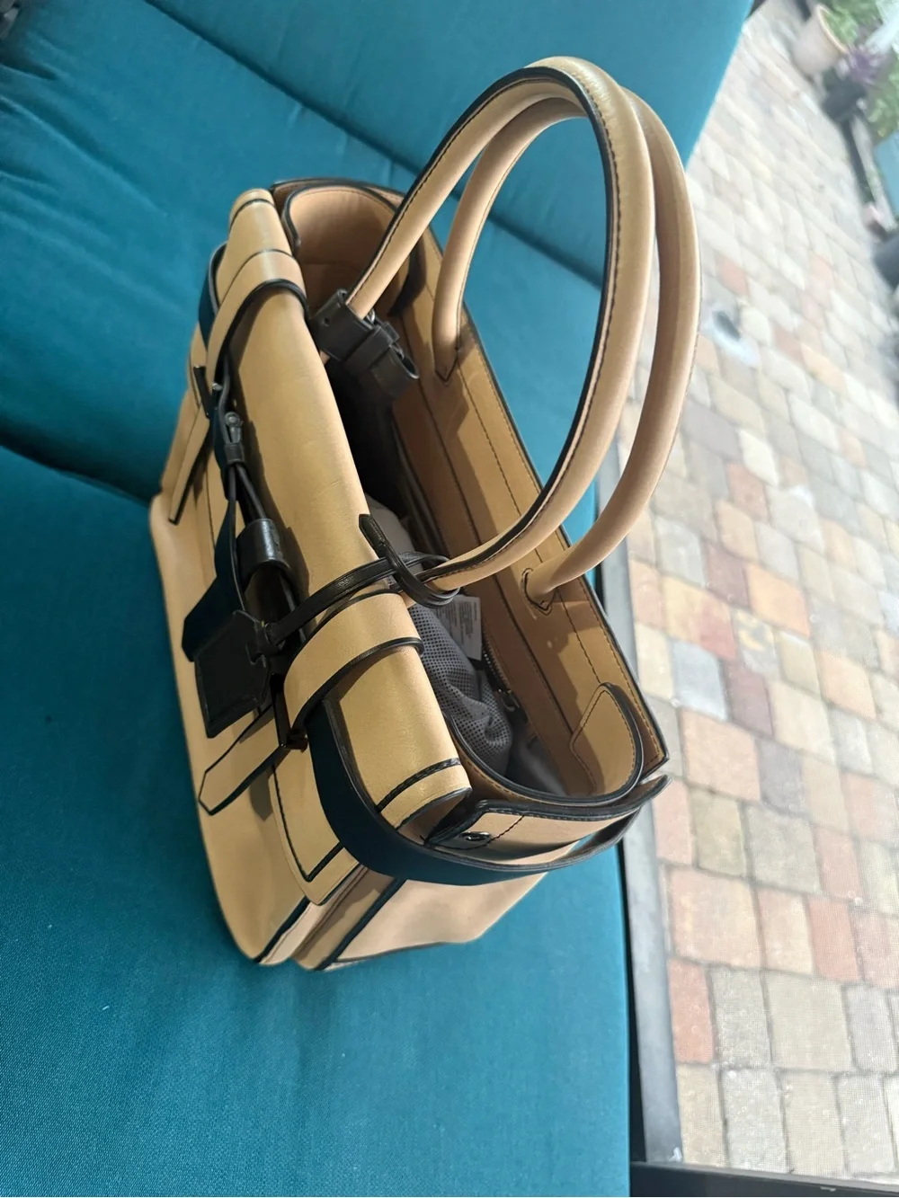Men's Leather Tote Bag in Beige with Black Trim